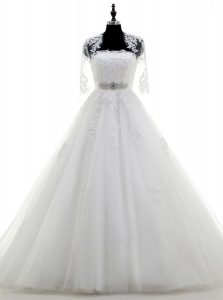 Noble White Lace Up Strapless Beading and Lace and Appliques Wedding Dress Tulle Sleeveless Brush Train