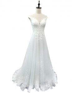 Gorgeous White Clasp Handle Scoop Lace Wedding Dress Tulle Sleeveless Brush Train