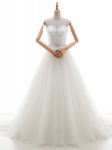 White Lace Up Wedding Gown Beading and Appliques Sleeveless With Brush Train