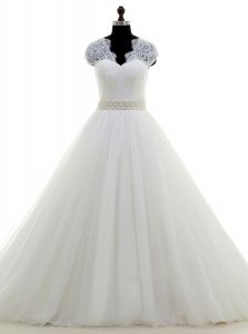 Deluxe Brush Train Ball Gowns Bridal Gown White V-neck Tulle Cap Sleeves With Train Clasp Handle