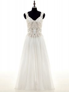 Eye-catching Chiffon Long Sleeves Floor Length Wedding Gowns and Beading and Lace and Appliques