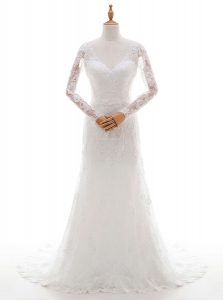 Customized V-neck Long Sleeves Wedding Gowns With Brush Train Lace and Appliques White Lace