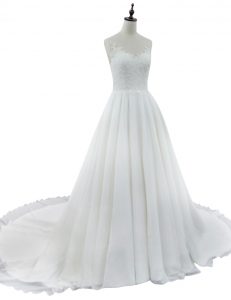 Adorable Court Train A-line Wedding Dress White V-neck Chiffon Sleeveless With Train Zipper
