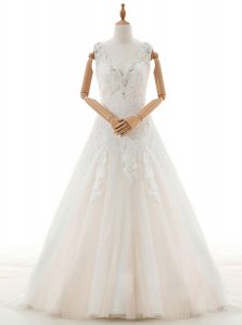 Designer V-neck Sleeveless Wedding Gown With Train Court Train Appliques White Tulle