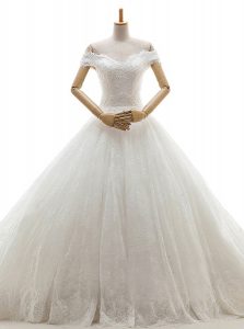 Fine With Train White Wedding Gowns Off The Shoulder Sleeveless Court Train Lace Up