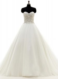 Excellent White Ball Gowns Beading Wedding Gown Clasp Handle Organza Sleeveless With Train