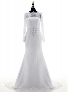Eye-catching White Column/Sheath Appliques Wedding Gowns Zipper Lace Long Sleeves With Train