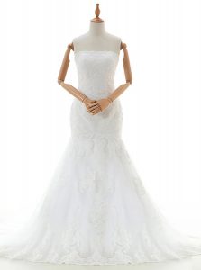 Hot Sale Mermaid White Lace Clasp Handle Bridal Gown Sleeveless With Brush Train Lace and Appliques