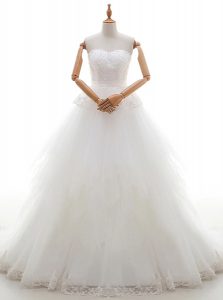 Sleeveless With Train Lace Zipper Wedding Gown with White Court Train