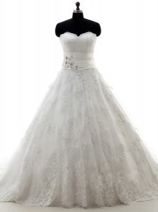 Smart White A-line Lace Sweetheart Sleeveless Lace and Appliques Lace Up Wedding Gown Brush Train