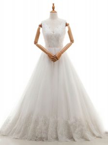Great Sleeveless With Train Lace and Appliques Zipper Wedding Dress with White Court Train