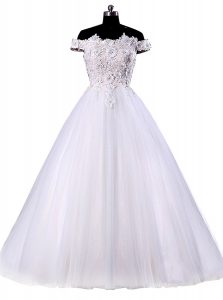 Off the Shoulder Sleeveless Lace Up Floor Length Appliques Wedding Gown