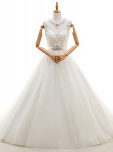 Superior White Wedding Gowns Wedding Party and For with Beading and Lace Scoop Sleeveless Brush Train Clasp Handle