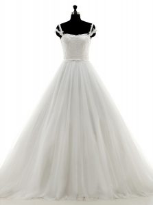 White A-line Spaghetti Straps Sleeveless Tulle With Brush Train Lace Up Lace and Appliques Wedding Gown