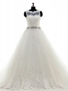 Glamorous White A-line Scalloped Sleeveless Tulle With Brush Train Clasp Handle Beading and Lace and Appliques Wedding D