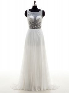 Deluxe White Wedding Dress Wedding Party and For with Beading Bateau Sleeveless Sweep Train Zipper
