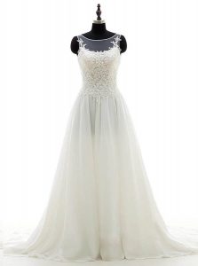 Scoop Sleeveless With Train Lace Clasp Handle Bridal Gown with White Brush Train