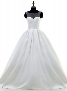 Sweetheart Sleeveless Bridal Gown With Train Sweep Train Lace and Appliques White Satin