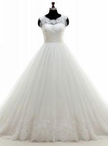 Scoop Sleeveless Clasp Handle Wedding Dress White Tulle