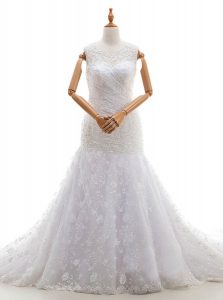 Lace With Train White Wedding Gown Scoop Sleeveless Court Train Zipper
