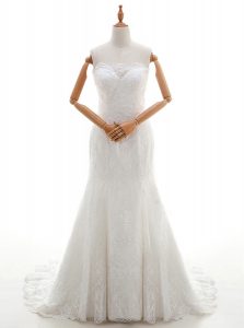 Free and Easy Mermaid Scalloped White Sleeveless Brush Train Lace With Train Wedding Gowns
