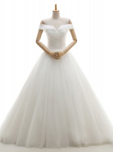 Off the Shoulder Tulle Sleeveless With Train Bridal Gown Court Train and Ruching