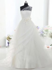 Deluxe One Shoulder Sleeveless Tulle Bridal Gown Lace and Hand Made Flower Brush Train Lace Up