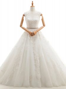 White A-line Scoop Sleeveless Tulle With Brush Train Clasp Handle Lace and Appliques Wedding Gown