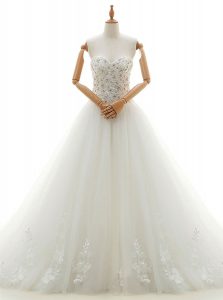 White Sleeveless Tulle Chapel Train Lace Up Wedding Dresses for Wedding Party