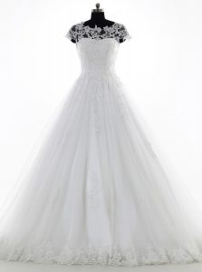 Inexpensive White Ball Gowns Scoop Short Sleeves Tulle and Lace With Brush Train Clasp Handle Lace and Appliques Wedding
