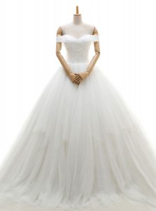 Vintage Chapel Train A-line Wedding Dress White Off The Shoulder Tulle Sleeveless With Train Lace Up