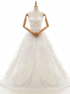Classical White High-neck Zipper Lace and Appliques and Bowknot Wedding Gowns Court Train Sleeveless