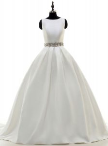 Inexpensive Scoop White Sleeveless With Train Beading Zipper Bridal Gown