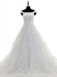 Scoop Sleeveless Wedding Gown With Train Sweep Train Beading and Lace and Hand Made Flower White Tulle