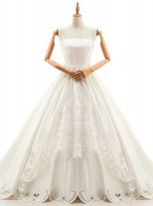 Satin Strapless Sleeveless Cathedral Train Lace Up Appliques Wedding Dress in White