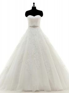 Fancy White A-line Tulle Sweetheart Sleeveless Beading and Lace and Appliques With Train Clasp Handle Wedding Gown Brush