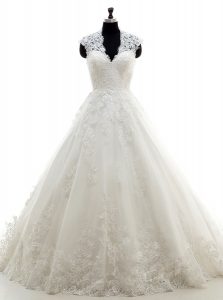 High Class White A-line Lace and Appliques Bridal Gown Clasp Handle Lace Cap Sleeves With Train