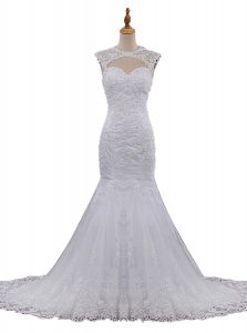 Mermaid Scoop Sleeveless With Train Beading and Lace Clasp Handle Wedding Gown with White Brush Train