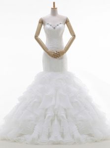 Flare Brush Train Mermaid Wedding Gown White Sweetheart Organza Sleeveless With Train Lace Up