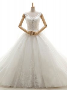 Captivating Sleeveless Chapel Train Lace Up With Train Lace Wedding Gowns