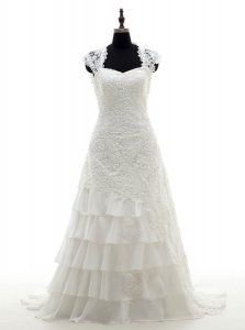 Glamorous Lace Cap Sleeves With Train Wedding Dress Brush Train and Lace and Ruffled Layers