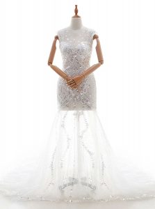 Beautiful White Sleeveless Tulle Court Train Zipper Wedding Gown for Wedding Party