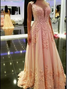 Peach Backless Dress for Prom Appliques Sleeveless Floor Length