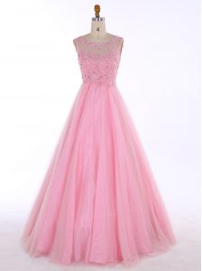 Attractive Scoop Sleeveless Satin Floor Length Backless in Baby Pink with Beading and Appliques