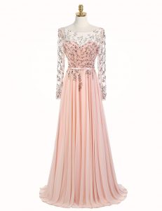 Affordable Peach A-line Scoop Long Sleeves Chiffon With Train Sweep Train Backless Beading Dress for Prom