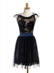 Stylish Black A-line Scoop Sleeveless Lace Mini Length Backless Lace and Belt Prom Dresses