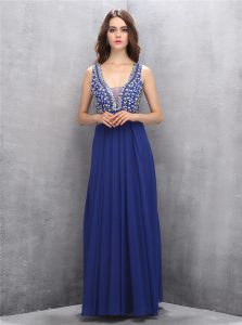 Spectacular Royal Blue A-line V-neck Sleeveless Chiffon Floor Length Zipper Beading Prom Dresses