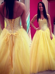 Sequins Floor Length Yellow Prom Gown Sweetheart Sleeveless Lace Up