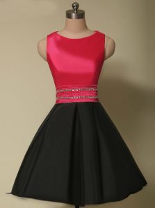 Red And Black Lace Up Scoop Beading Prom Party Dress Satin Sleeveless