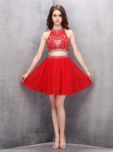 Red Scoop Zipper Beading Prom Gown Sleeveless